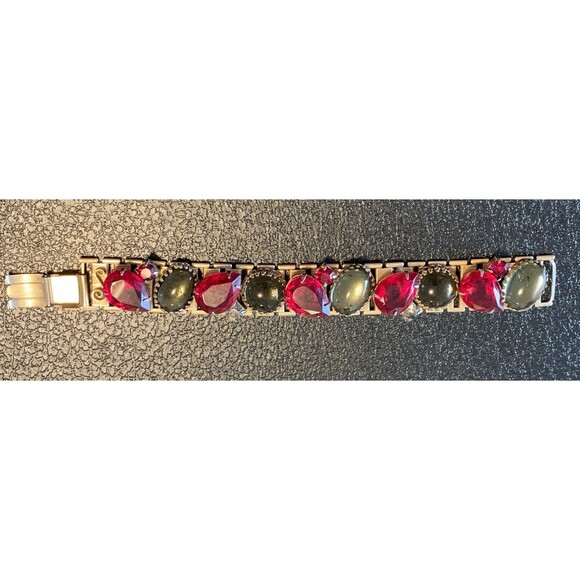 VTG Ruby Red & Smoky Gray Glass Cabochon Link Bracelet Gold Tone Art Deco Style - Picture 8 of 15